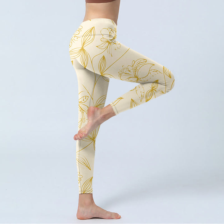 Buddha Stonesベージュ フラワー ヴァイン プリント ジムレギンス レディース ヨガパンツ - image 4