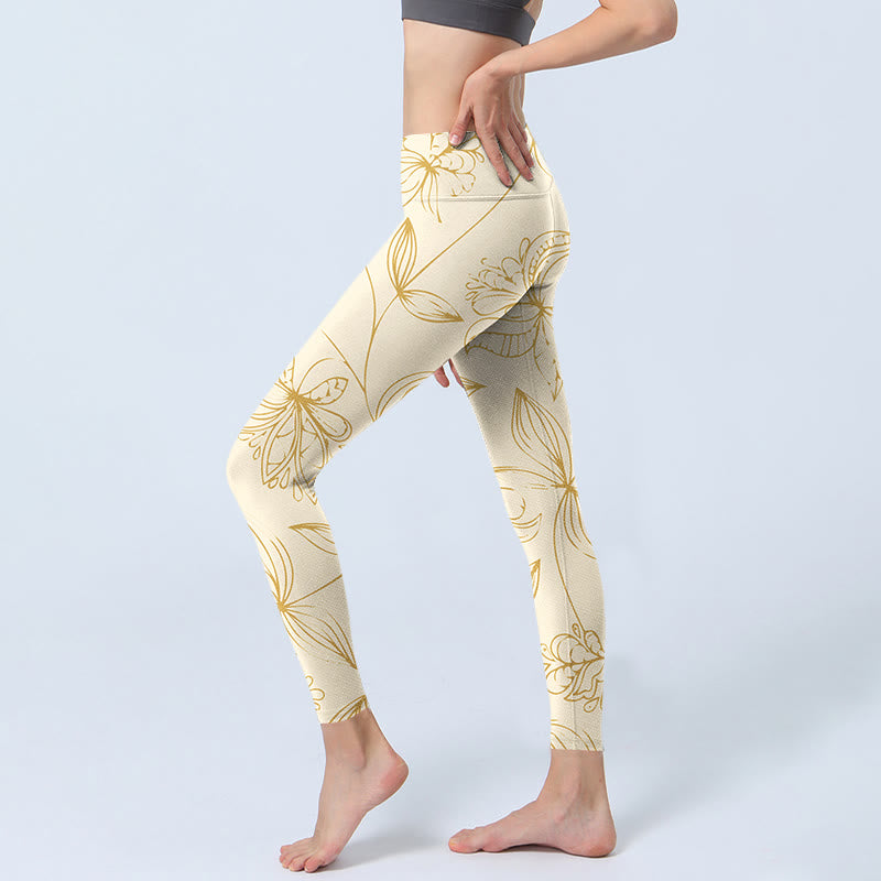 Buddha Stonesベージュ フラワー ヴァイン プリント ジムレギンス レディース ヨガパンツ - image 3