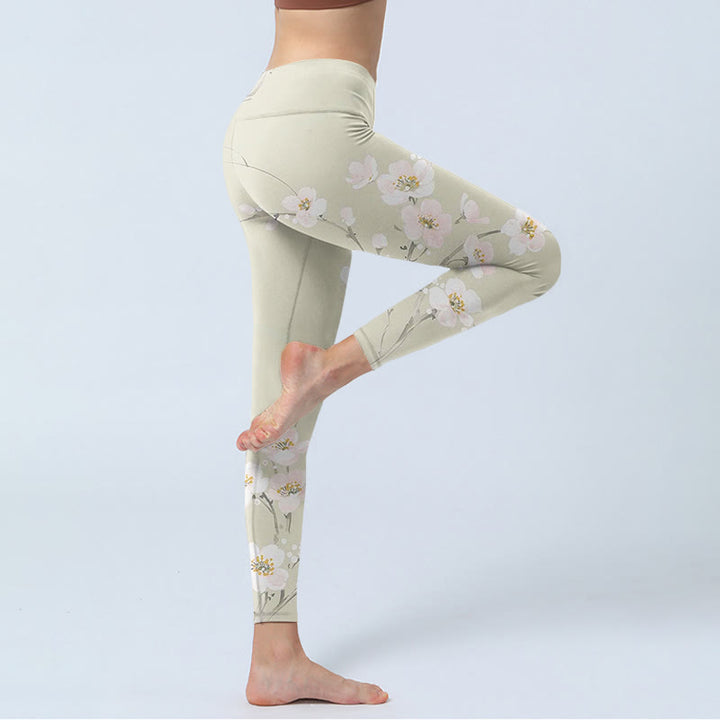 Buddha Stonesベージュ プラムブロッサムプリント ジムレギンス レディース ヨガパンツ - image 4