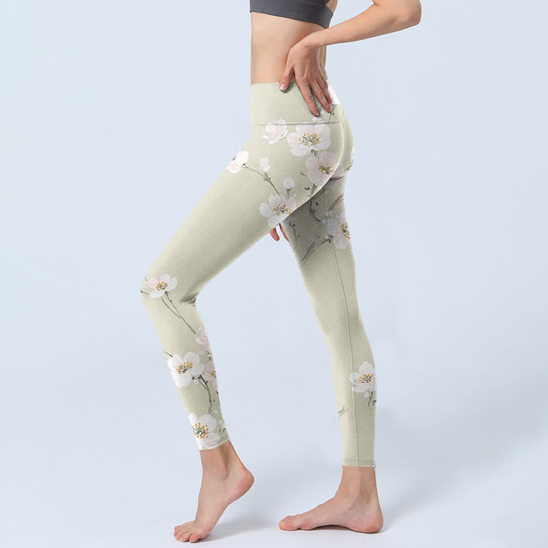 Buddha Stonesベージュ プラムブロッサムプリント ジムレギンス レディース ヨガパンツ - image 3