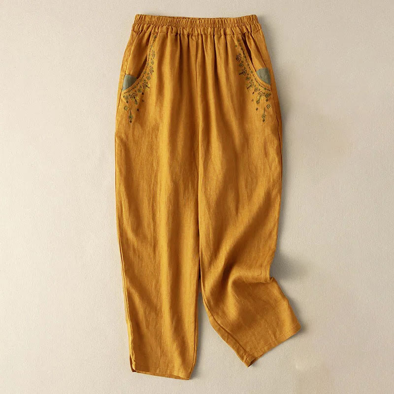 Buddha Stonesヴィンテージ刺繍 伸縮性ウエスト カプリ ハーレムパンツ ポケット付き - 黄色 - US14、 UK/AU18、 EU46 (4XL) - image 1