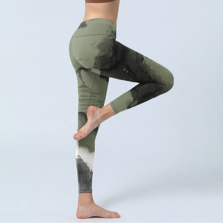 Buddha Stones水墨画山亭プリントフィットネスレギンスレディースヨガパンツ - image 5