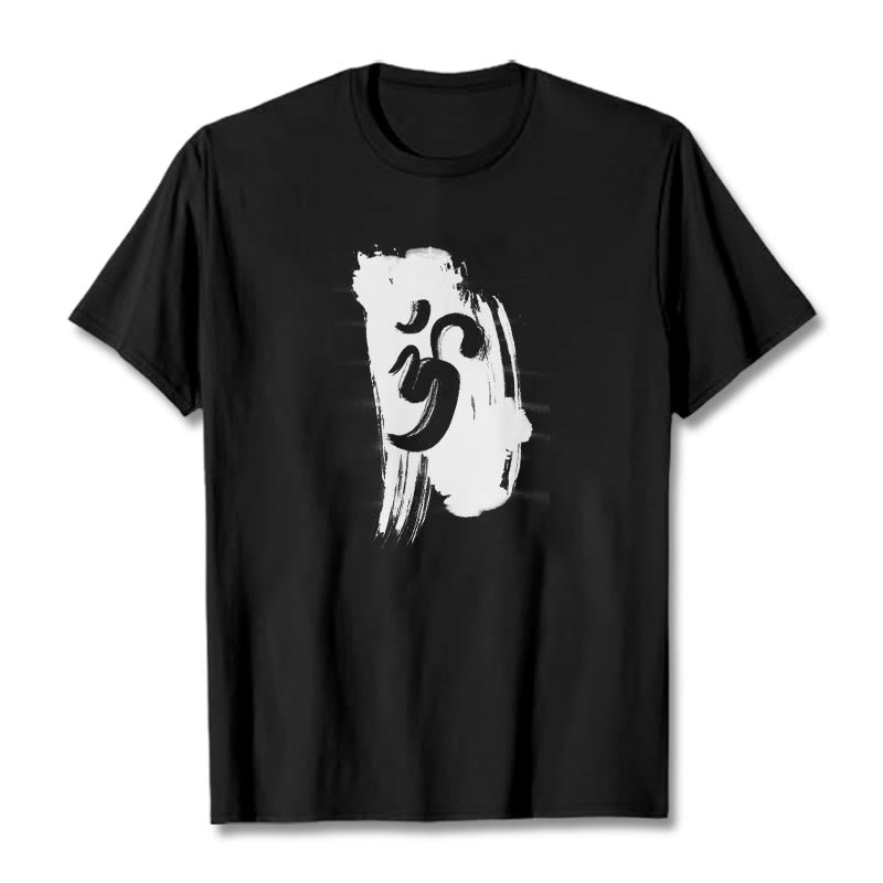 Buddha StonesOM インク背景 コットンTシャツ - 黒 - 2XL - image 1