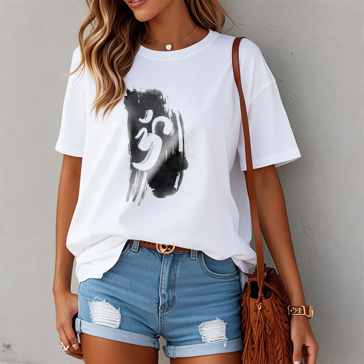 Buddha StonesOM インク背景 コットンTシャツ - image 7