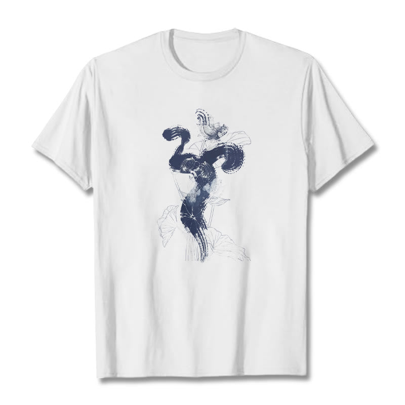 Buddha StonesOM 蓮の花の背景 コットンTシャツ - 白 - 2XL - image 1