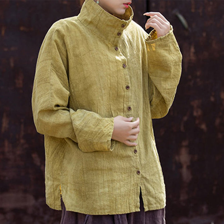 Buddha Stonesタートルネック染色ラミーコットン中国風カーディガン - image 3