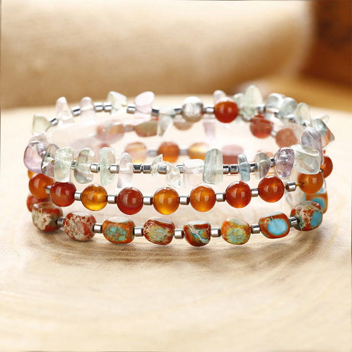 Buddha Stonesフローライト レッドアゲート エンペラーストーン パワー トリプルラップブレスレット