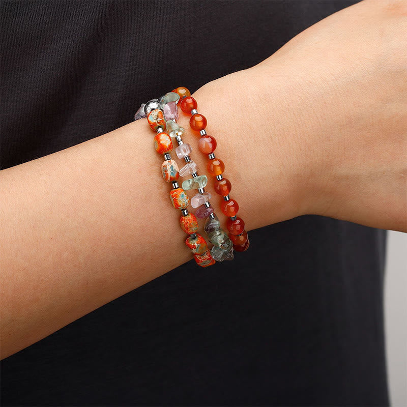 Buddha Stonesフローライト レッドアゲート エンペラーストーン パワー トリプルラップブレスレット