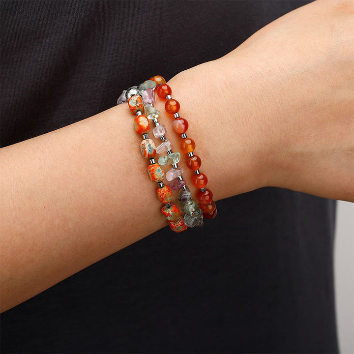 Buddha Stonesフローライト レッドアゲート エンペラーストーン パワー トリプルラップブレスレット