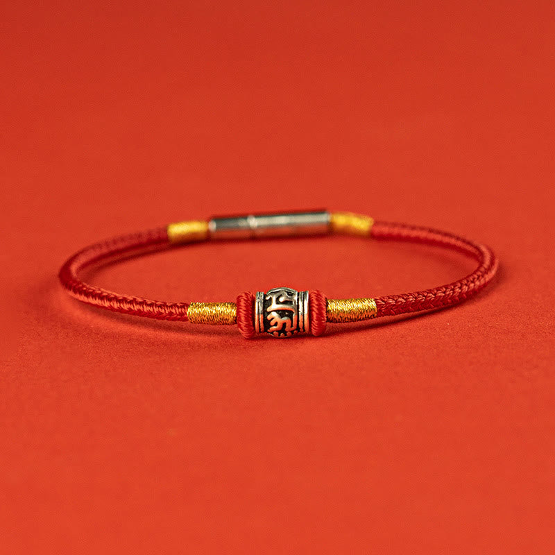 Buddha Stones赤紐と黒い糸 六つの真実の言葉 925スターリングシルバー 平和ブレスレット