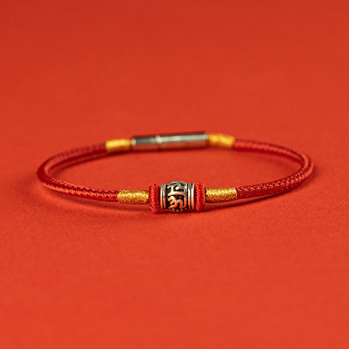 Buddha Stones赤紐と黒い糸 六つの真実の言葉 925スターリングシルバー 平和ブレスレット