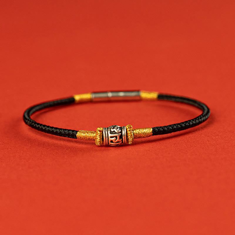 Buddha Stones赤紐と黒い糸 六つの真実の言葉 925スターリングシルバー 平和ブレスレット