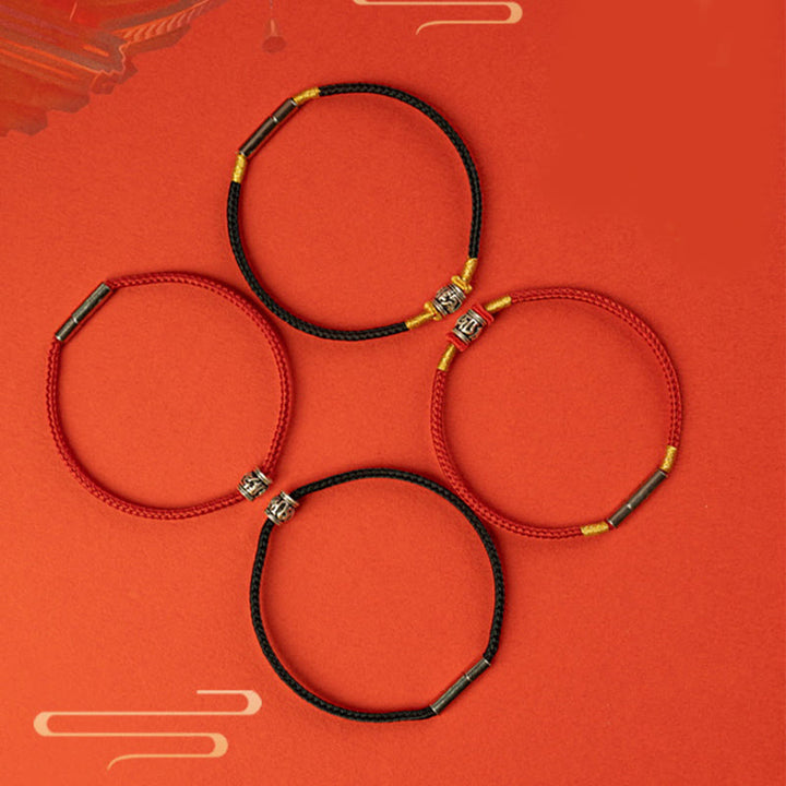 Buddha Stones赤紐と黒い糸 六つの真実の言葉 925スターリングシルバー 平和ブレスレット