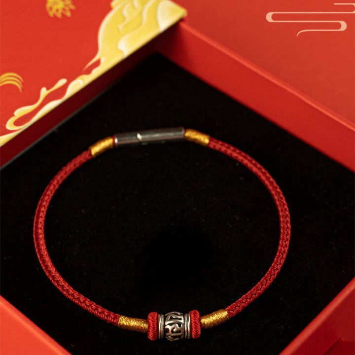 Buddha Stones赤紐と黒い糸 六つの真実の言葉 925スターリングシルバー 平和ブレスレット
