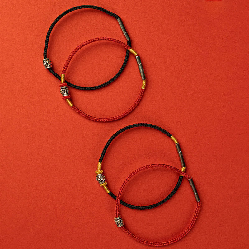Buddha Stones赤紐と黒い糸 六つの真実の言葉 925スターリングシルバー 平和ブレスレット