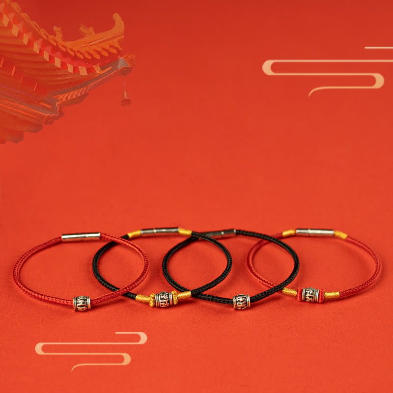 Buddha Stones赤紐と黒い糸 六つの真実の言葉 925スターリングシルバー 平和ブレスレット