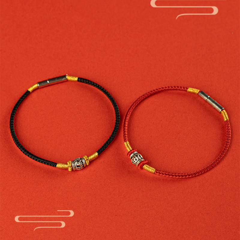 Buddha Stones赤紐と黒い糸 六つの真実の言葉 925スターリングシルバー 平和ブレスレット
