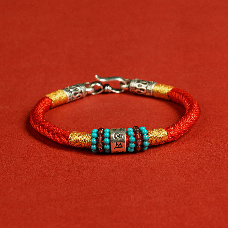 Buddha Stones赤紐と黒い糸 六つの真実の言葉 925スターリングシルバー コネクションブレスレット - 赤 - 19cm - image 1