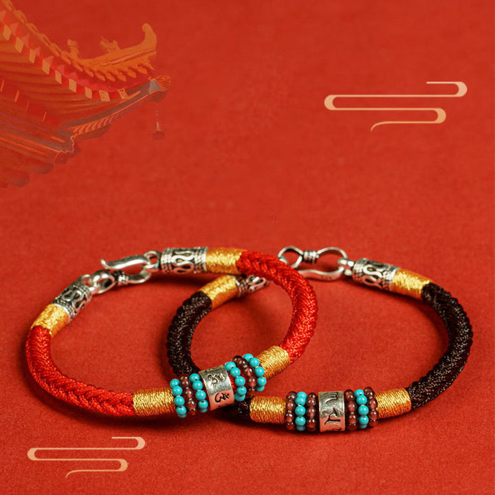 Buddha Stones赤紐と黒い糸 六つの真実の言葉 925スターリングシルバー コネクションブレスレット - image 0