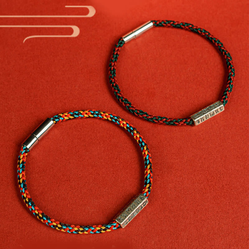Buddha Stones赤紐と黒い糸 六つの真実の言葉 925スターリングシルバー幸運ブレスレット