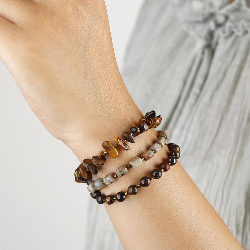 Buddha Stonesブロンズ石 エンペラーストーン タイガーアイ 決意のトリプルラップブレスレット