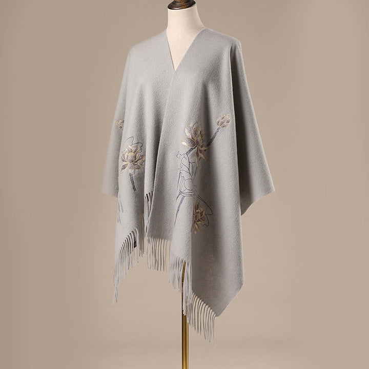 Buddha Stonesウールショール 蓮の刺繍タッセル 冬用 心地よい旅行用スカーフ ラップ - image 1