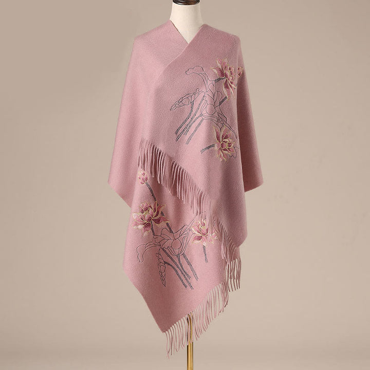 Buddha Stonesウールショール 蓮の刺繍タッセル 冬用 心地よい旅行用スカーフ ラップ - ライトコーラル - 200×60cm - image 3