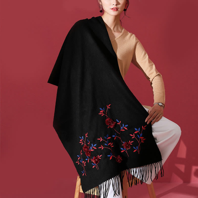 Buddha Stonesウールショール 3Dフローラル刺繍タッセル 冬用 心地よい旅行用スカーフラップ - image 3