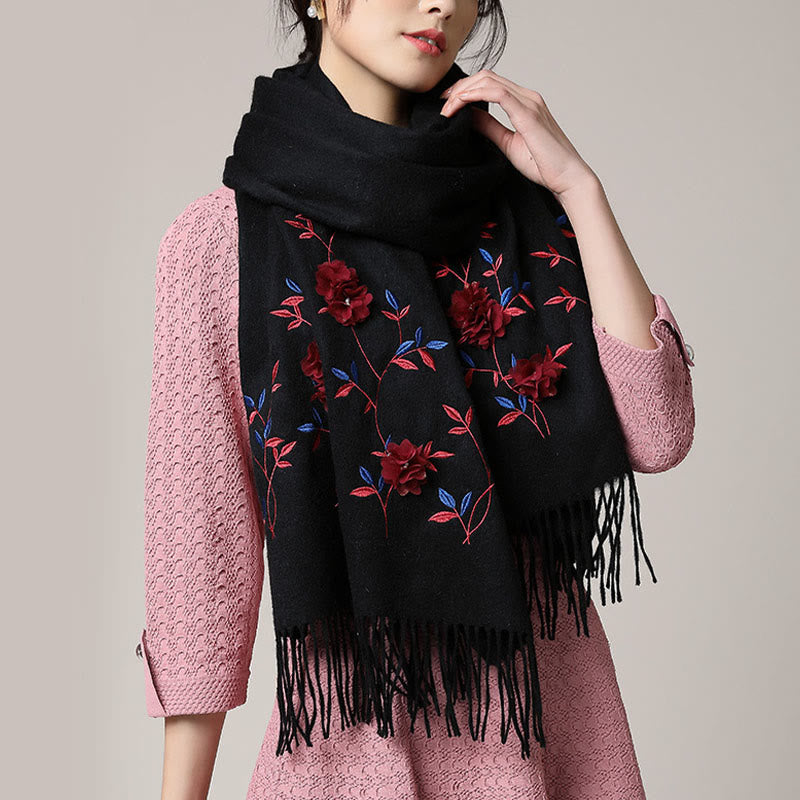 Buddha Stonesウールショール 3Dフローラル刺繍タッセル 冬用 心地よい旅行用スカーフラップ - image 1