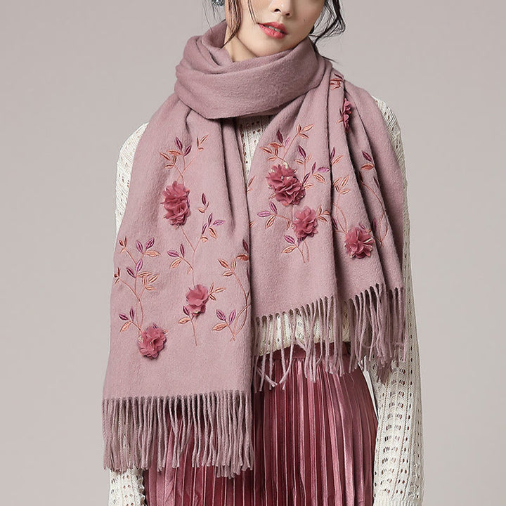 Buddha Stonesウールショール 3Dフローラル刺繍タッセル 冬用 心地よい旅行用スカーフラップ - image 7
