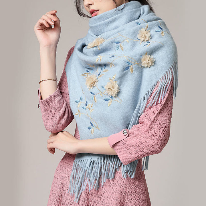 Buddha Stonesウールショール 3Dフローラル刺繍タッセル 冬用 心地よい旅行用スカーフラップ - ライトスチールブルー - 200×60cm - image 11