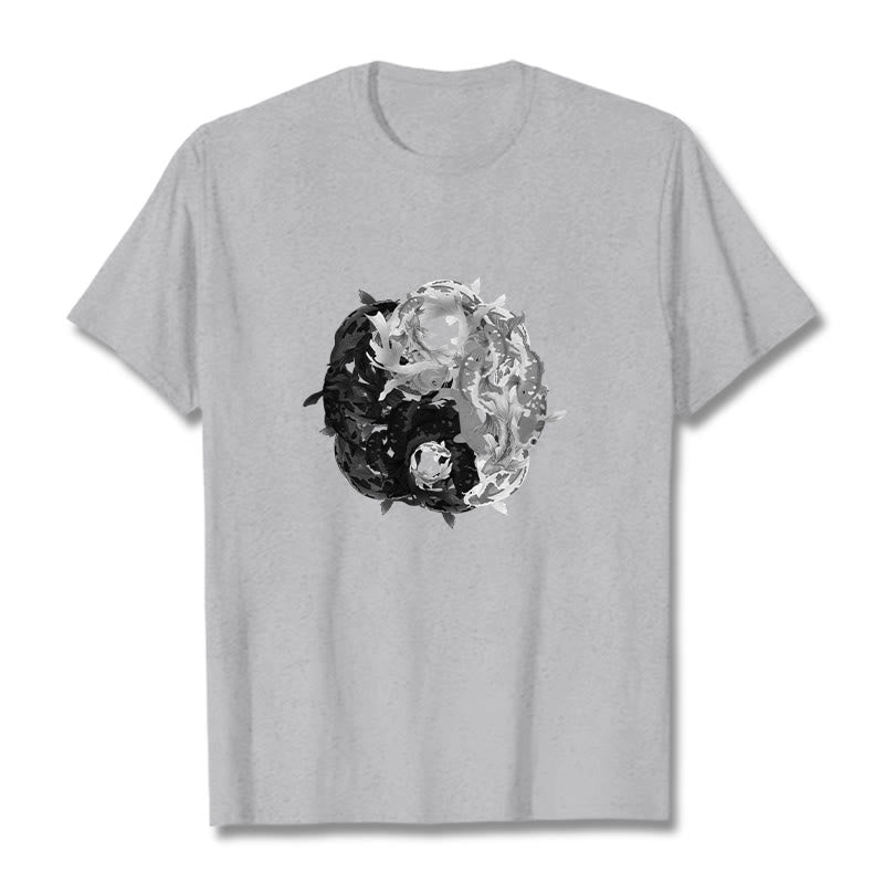 Buddha Stonesと陰陽鯉のコンビネーションコットンTシャツ - ライトグレー - 2XL - image 11