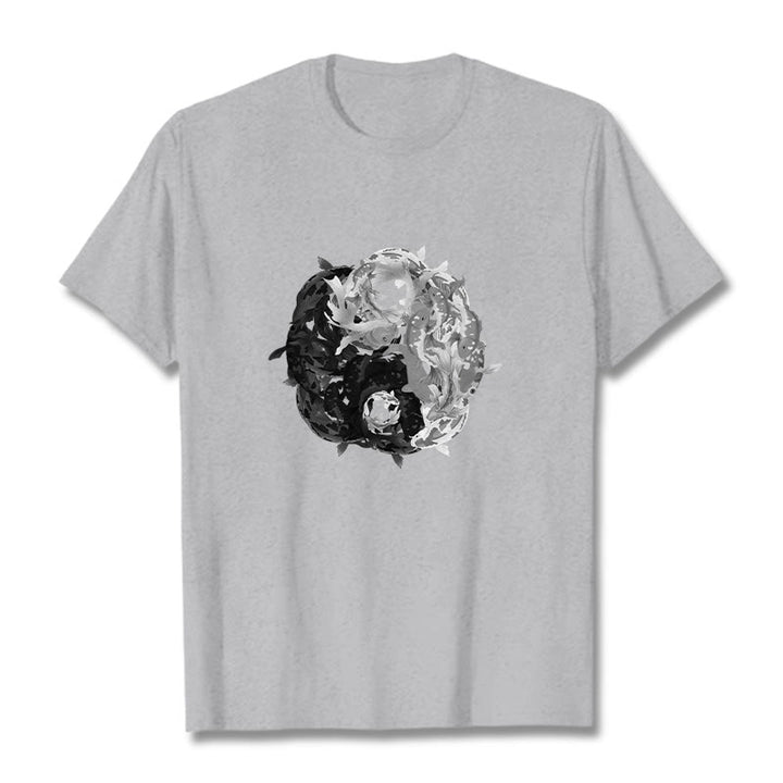 Buddha Stonesと陰陽鯉のコンビネーションコットンTシャツ - ライトグレー - 2XL - image 11
