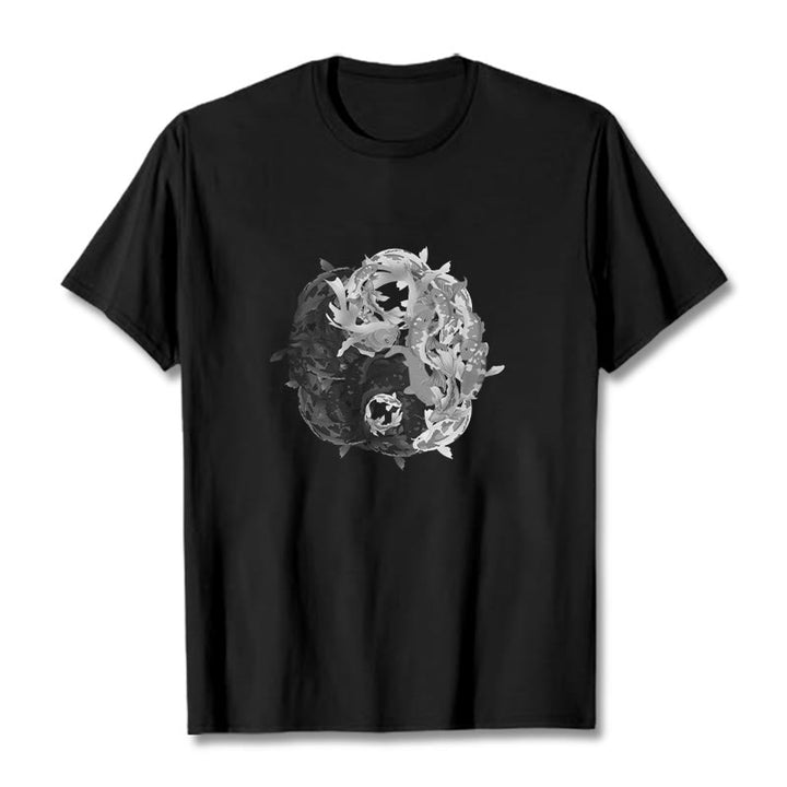 Buddha Stonesと陰陽鯉のコンビネーションコットンTシャツ - 黒 - 2XL - image 4