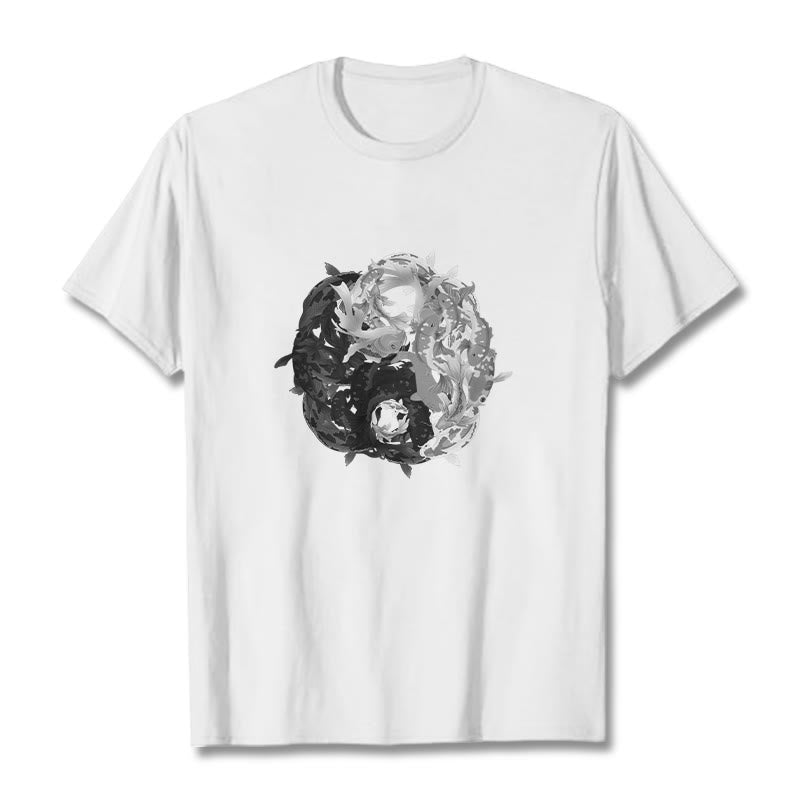 Buddha Stonesと陰陽鯉のコンビネーションコットンTシャツ - 白 - 2XL - image 0
