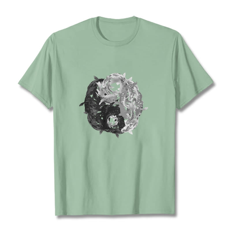Buddha Stonesと陰陽鯉のコンビネーションコットンTシャツ - 淡い緑色 - 2XL - image 14