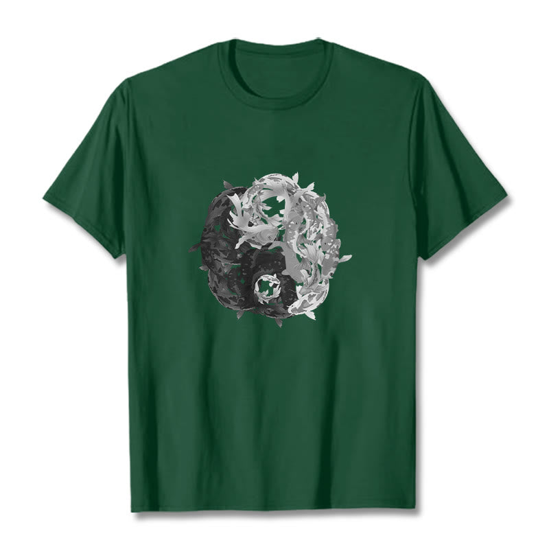 Buddha Stonesと陰陽鯉のコンビネーションコットンTシャツ - フォレストグリーン - 2XL - image 8