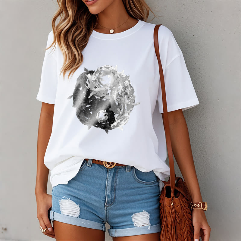 Buddha Stonesと陰陽鯉のコンビネーションコットンTシャツ - image 1