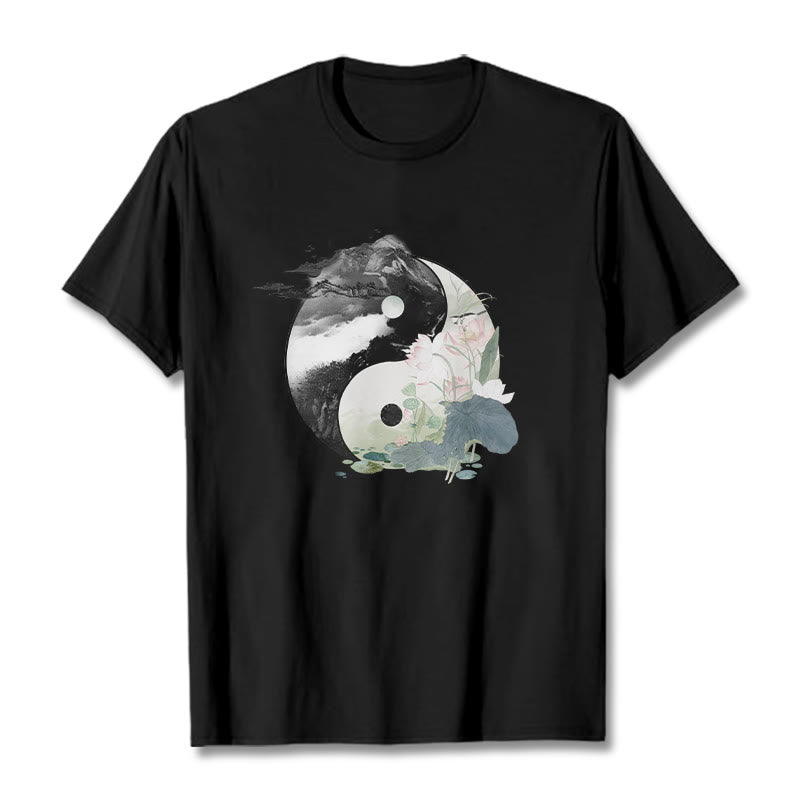 Buddha Stones陰陽 蓮の葉 水墨画 コットンTシャツ - 黒 - 2XL - image 1
