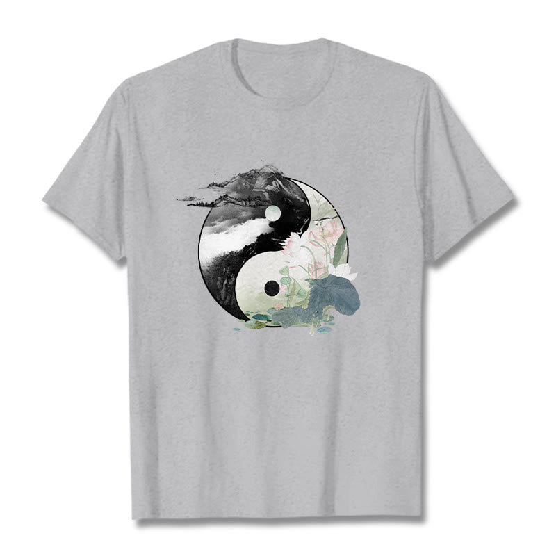 Buddha Stones陰陽 蓮の葉 水墨画 コットンTシャツ - ライトグレー - 2XL - image 11