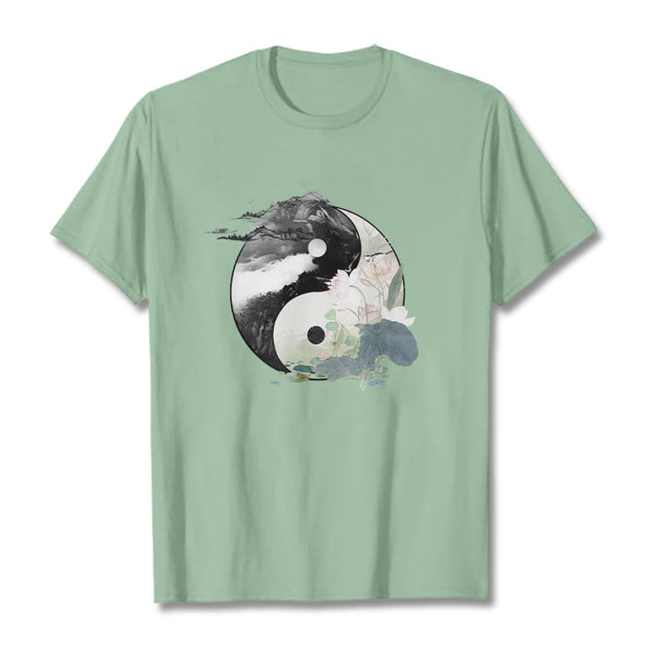 Buddha Stones陰陽 蓮の葉 水墨画 コットンTシャツ - ペールグリーン - 2XL - image 15