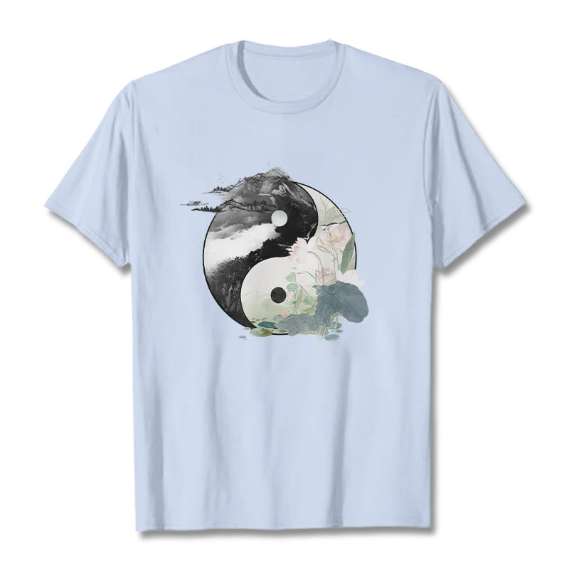 Buddha Stones陰陽 蓮の葉 水墨画 コットンTシャツ - ライトシアン - 2XL - image 12