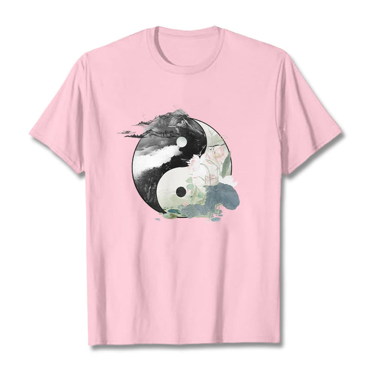Buddha Stones陰陽 蓮の葉 水墨画 コットンTシャツ - ライトピンク - 2XL - image 17