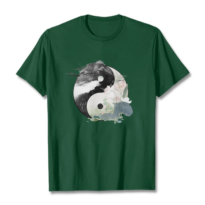 Buddha Stones陰陽 蓮の葉 水墨画 コットンTシャツ - フォレストグリーン - 2XL - image 6