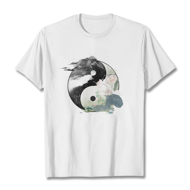 Buddha Stones陰陽 蓮の葉 水墨画 コットンTシャツ - 白 - 2XL - image 8