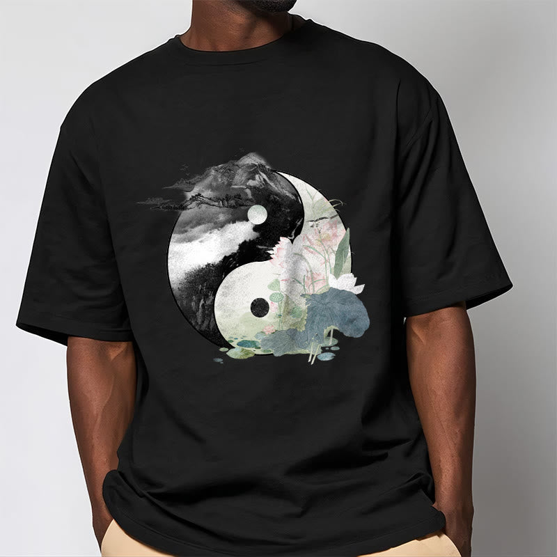 Buddha Stones陰陽 蓮の葉 水墨画 コットンTシャツ - image 3