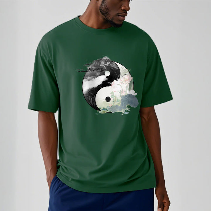 Buddha Stones陰陽 蓮の葉 水墨画 コットンTシャツ - image 7