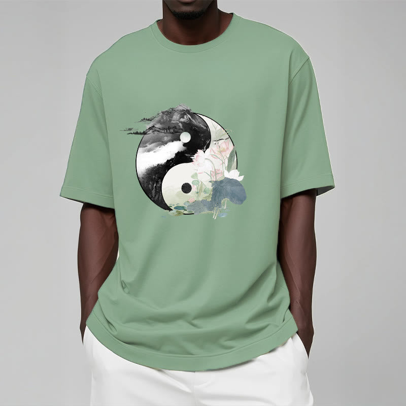 Buddha Stones陰陽 蓮の葉 水墨画 コットンTシャツ - image 16
