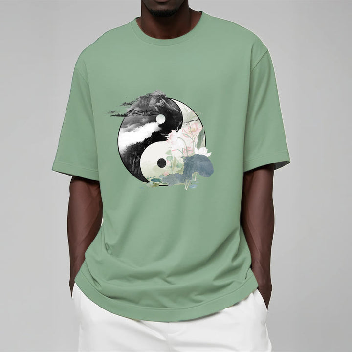 Buddha Stones陰陽 蓮の葉 水墨画 コットンTシャツ - image 16