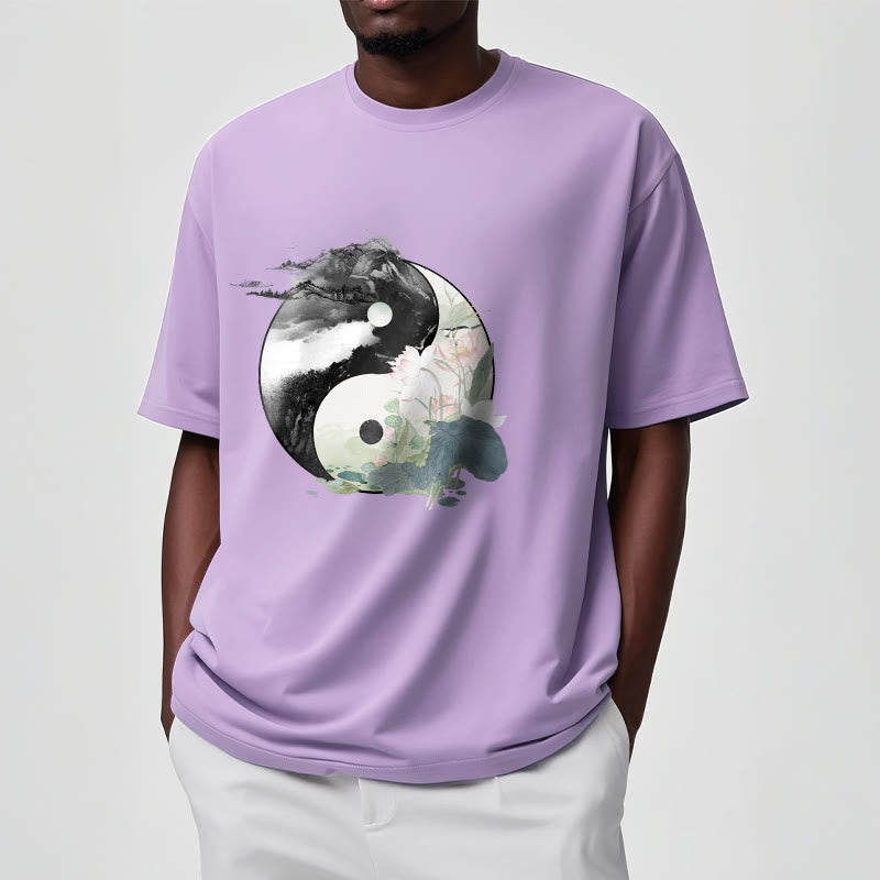 Buddha Stones陰陽 蓮の葉 水墨画 コットンTシャツ - image 20